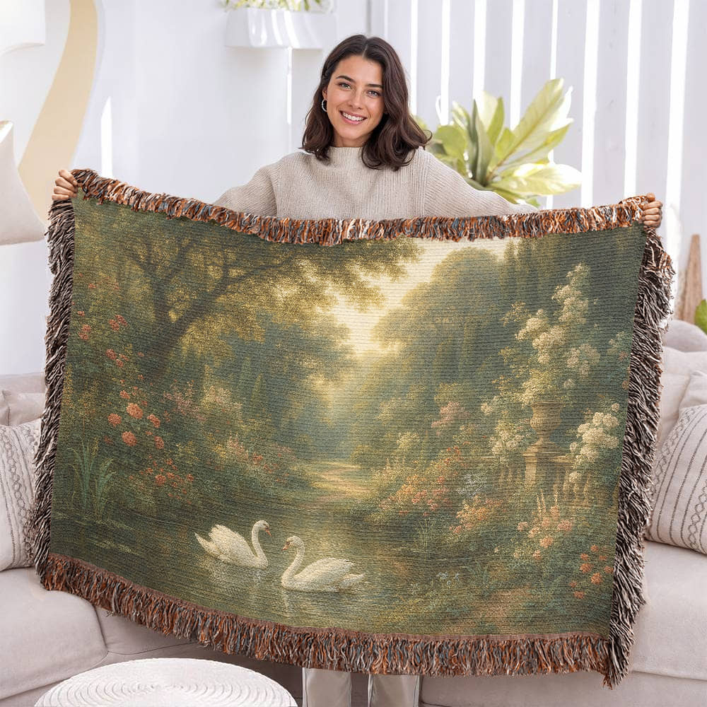 Woven Cotton Blanket – Magical Swans in Pond with Flower-Covered Shores