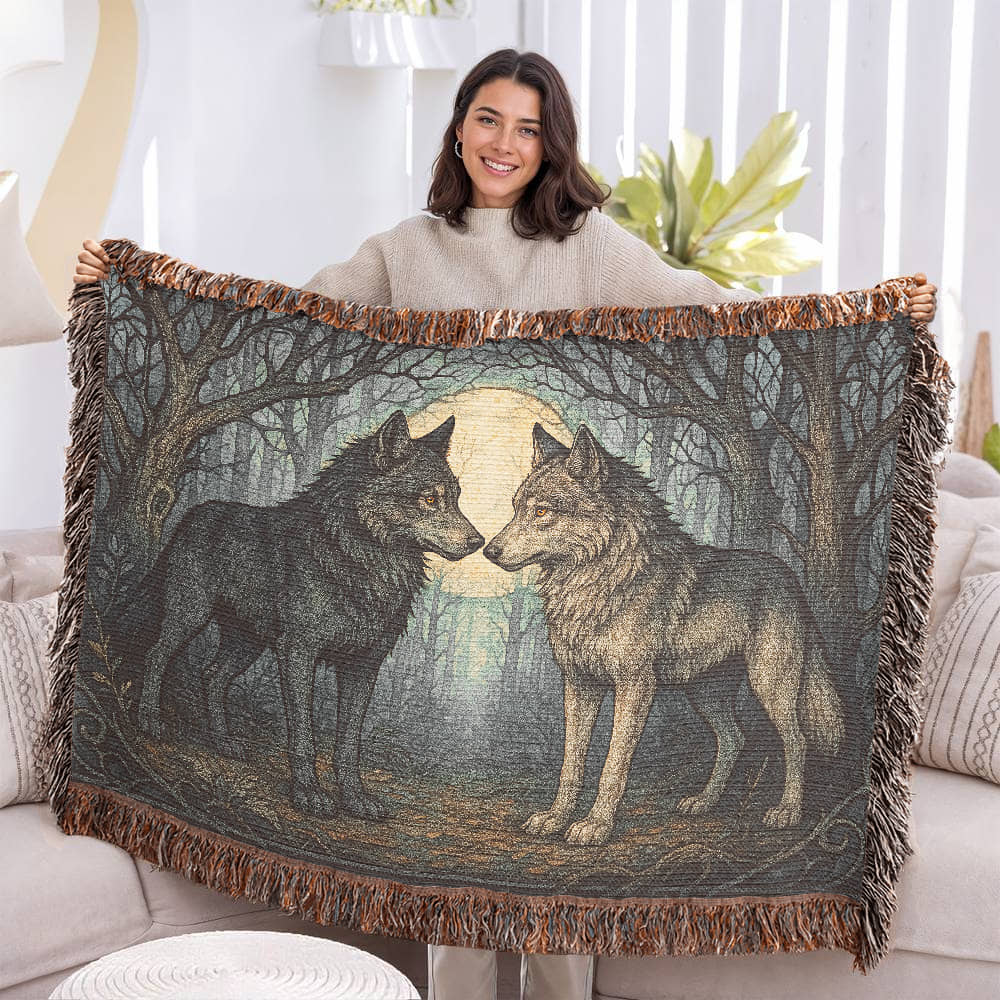 100% Cotton Woven Blanket – Enchanted Forest Scene with Two Wolves Eye to Eye beneath Full Moon