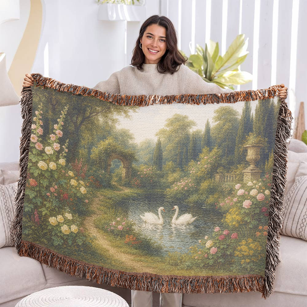 100% Cotton Woven Blanket – Romantic Swans in Blooming Pond Surrounded by Flowers
