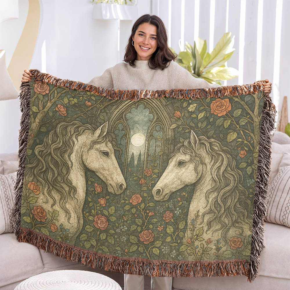 100% Cotton Woven Blanket – Enchanted Forest Scene with Two Horses Eye to Eye