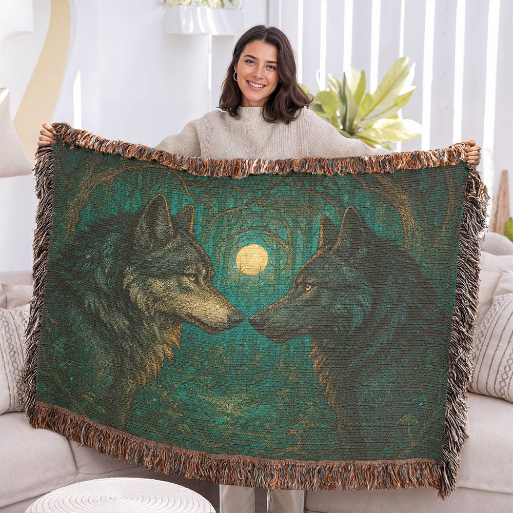 Woven Cotton Blanket – Majestic Wolves Staring at Each Other under Moon in Enchanted Forest