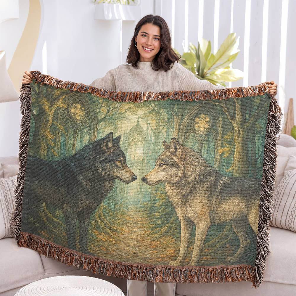 100% Cotton Woven Blanket – Enchanted Forest Scene with Two Wolves Staring Face to Face