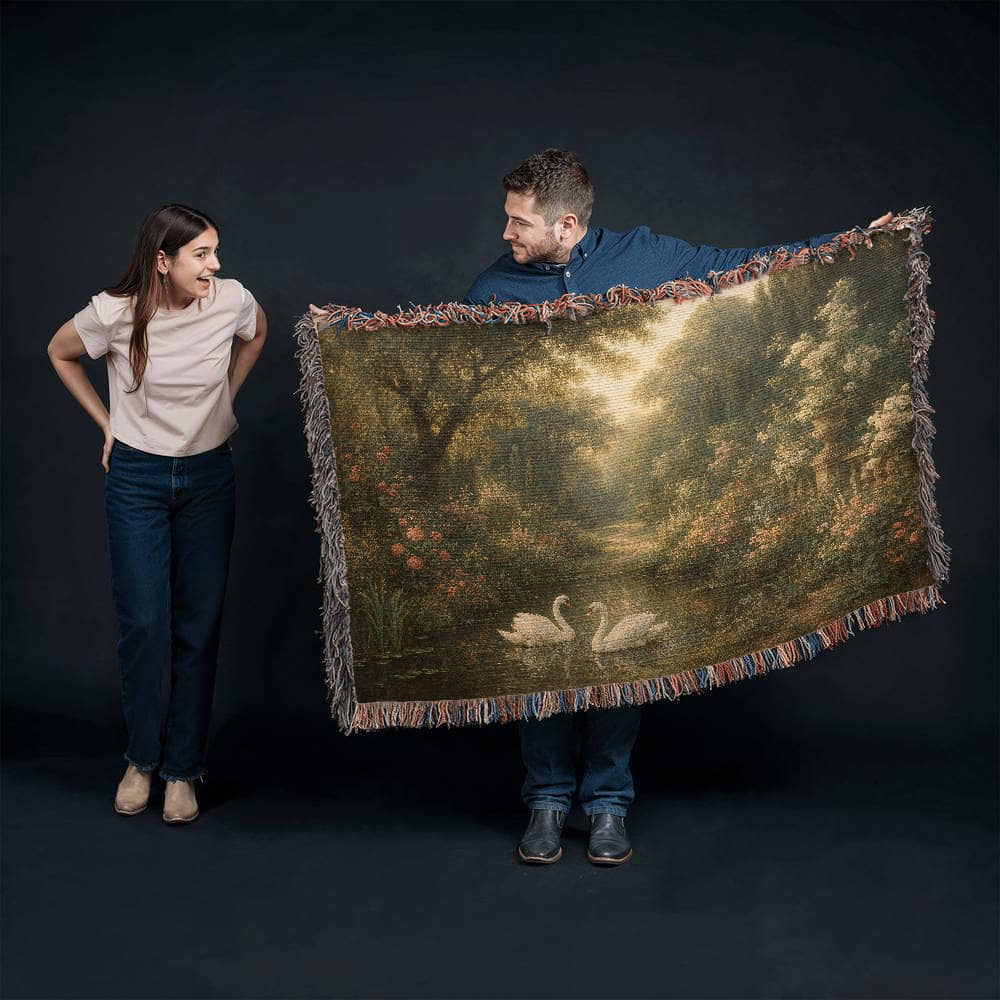 Woven Cotton Blanket – Magical Swans in Pond with Flower-Covered Shores