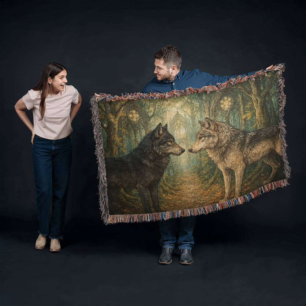 100% Cotton Woven Blanket – Enchanted Forest Scene with Two Wolves Staring Face to Face