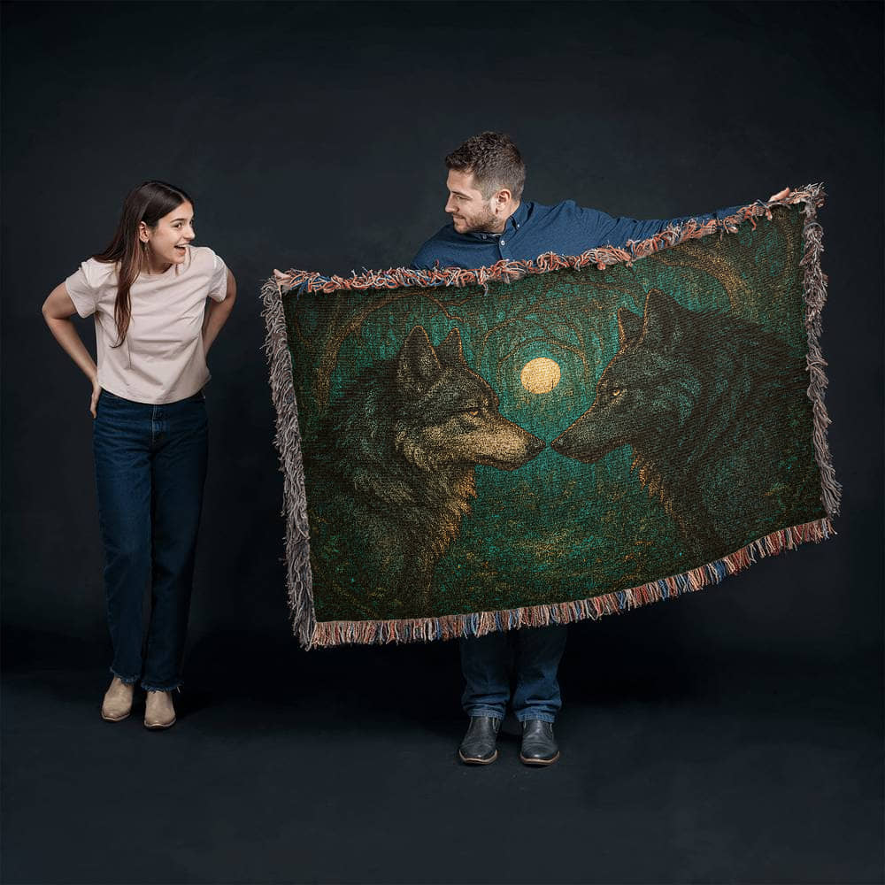 Woven Cotton Blanket – Majestic Wolves Staring at Each Other under Moon in Enchanted Forest