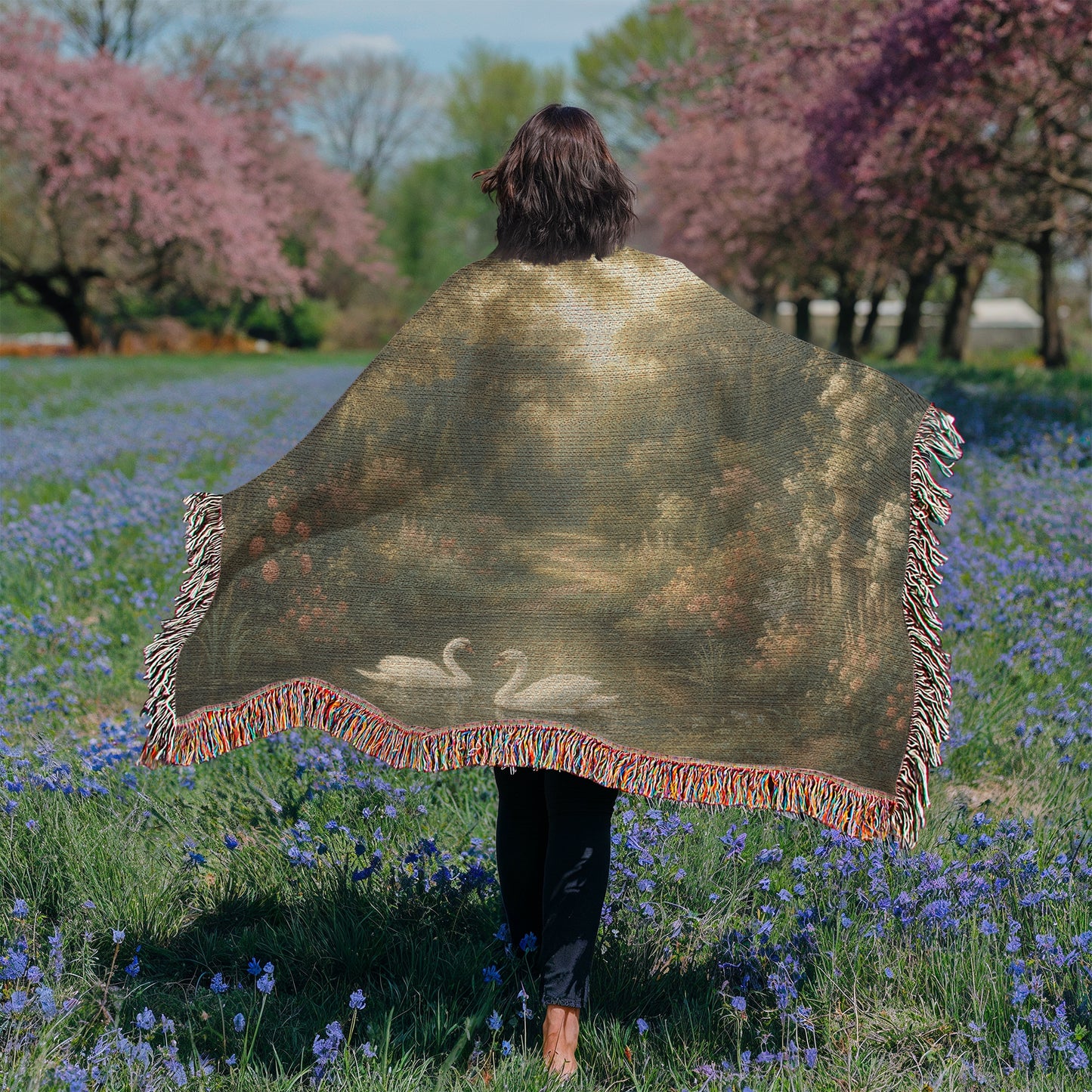 Woven Cotton Blanket – Magical Swans in Pond with Flower-Covered Shores