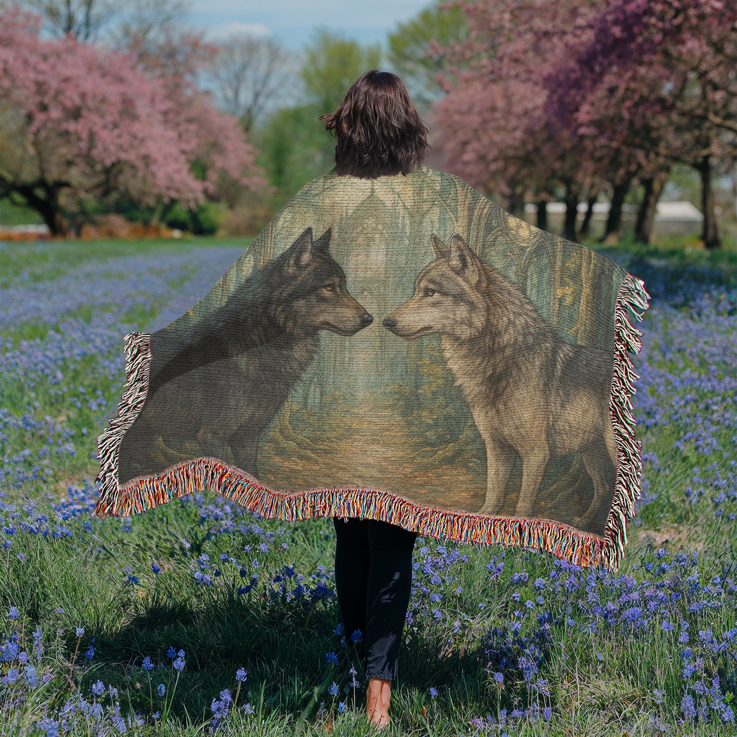 100% Cotton Woven Blanket – Enchanted Forest Scene with Two Wolves Staring Face to Face