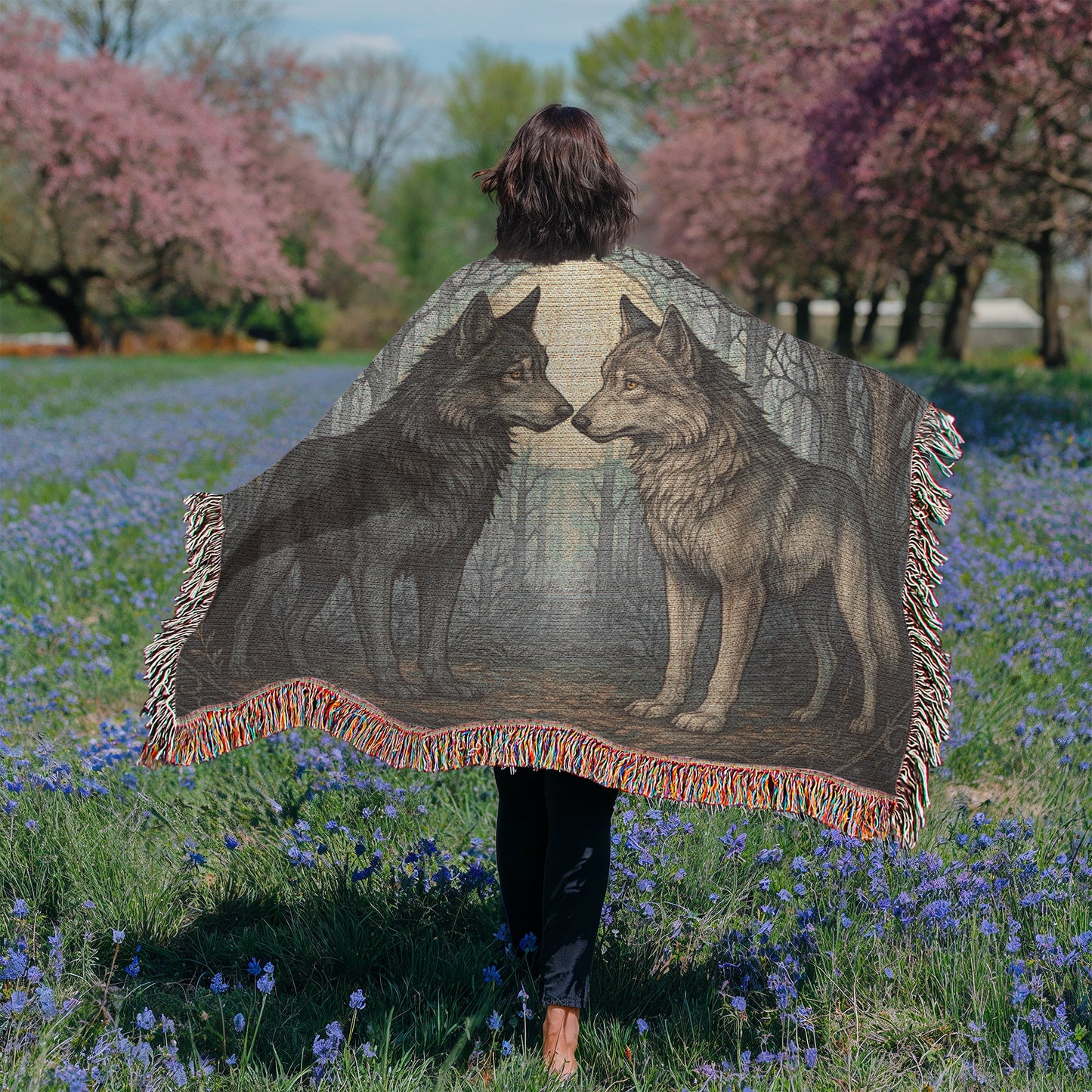 100% Cotton Woven Blanket – Enchanted Forest Scene with Two Wolves Eye to Eye beneath Full Moon