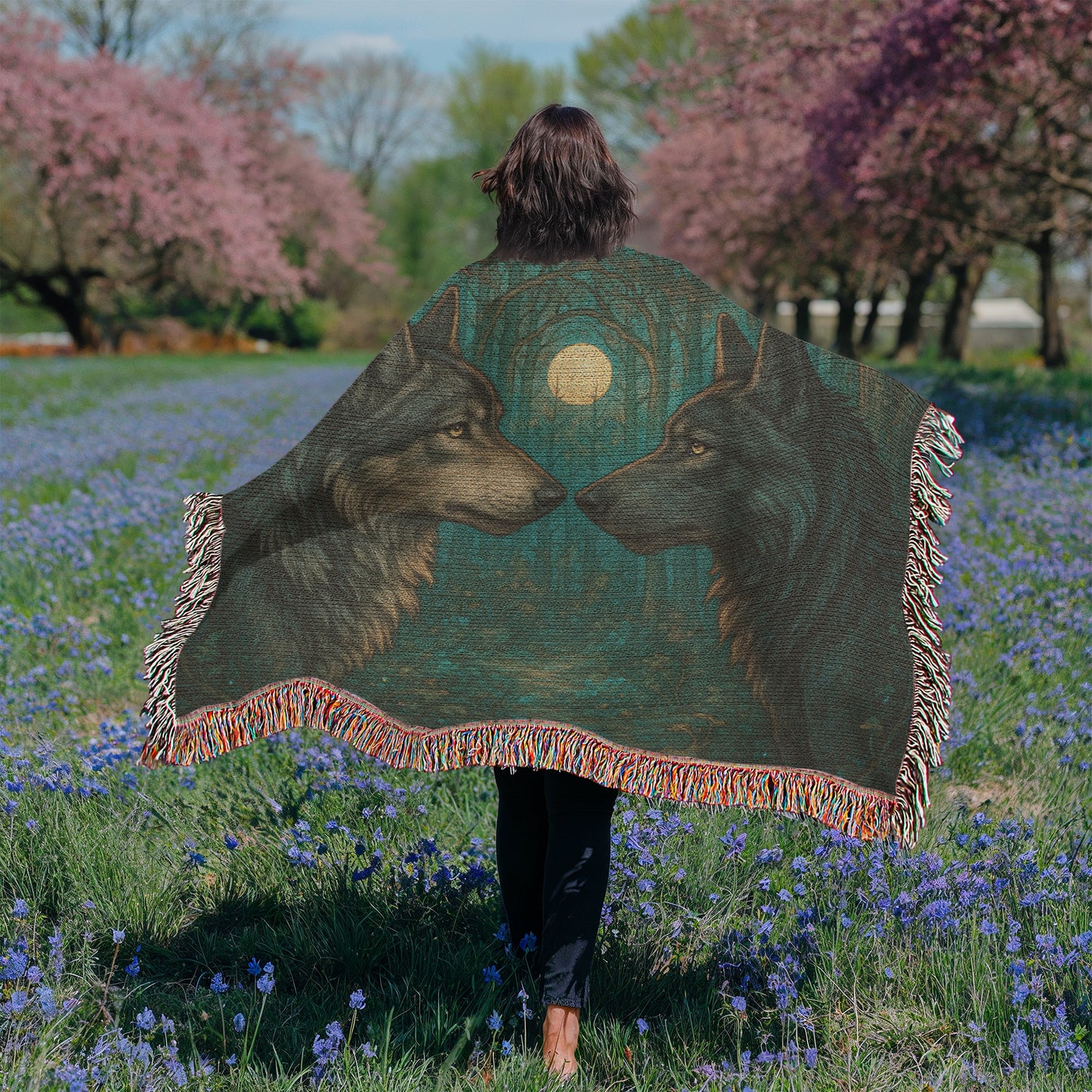 Woven Cotton Blanket – Majestic Wolves Staring at Each Other under Moon in Enchanted Forest