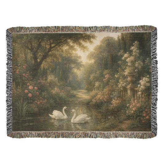 Woven Cotton Blanket – Magical Swans in Pond with Flower-Covered Shores