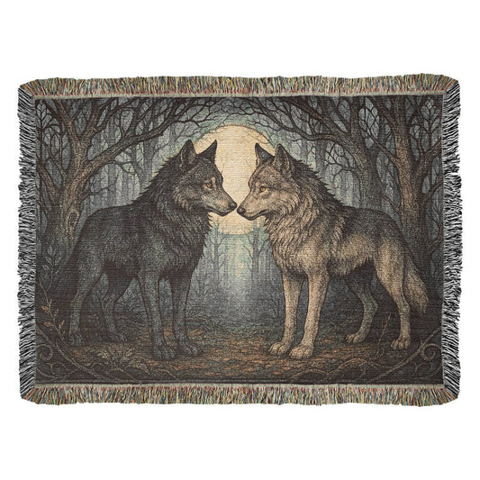 100% Cotton Woven Blanket – Enchanted Forest Scene with Two Wolves Eye to Eye beneath Full Moon