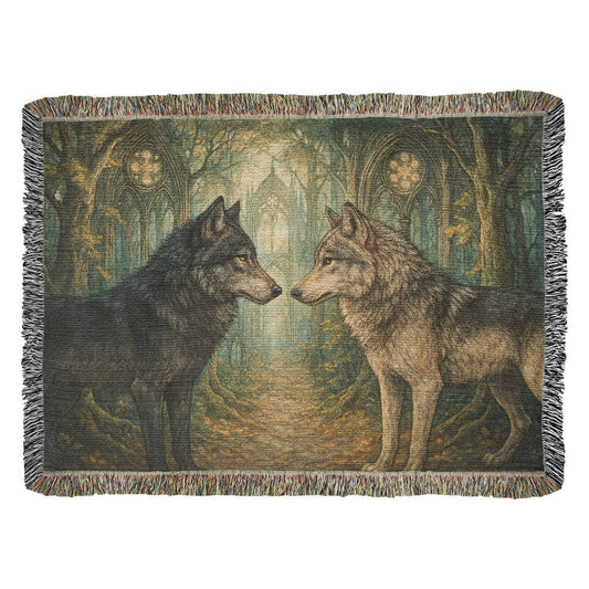 100% Cotton Woven Blanket – Enchanted Forest Scene with Two Wolves Staring Face to Face