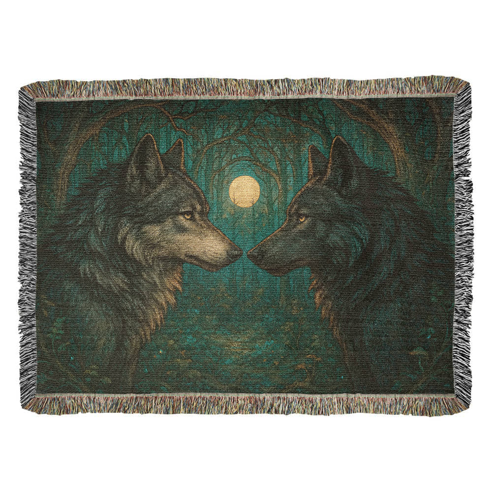 Woven Cotton Blanket – Majestic Wolves Staring at Each Other under Moon in Enchanted Forest