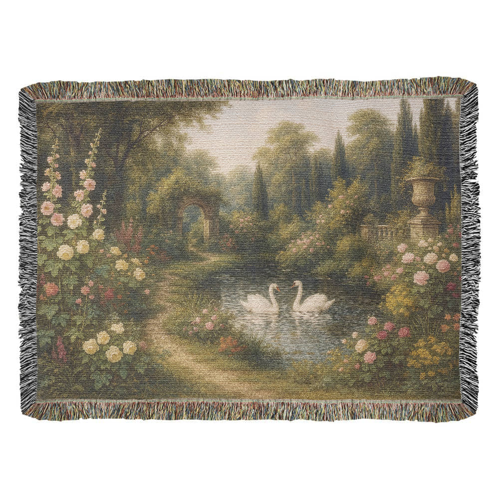 100% Cotton Woven Blanket – Romantic Swans in Blooming Pond Surrounded by Flowers