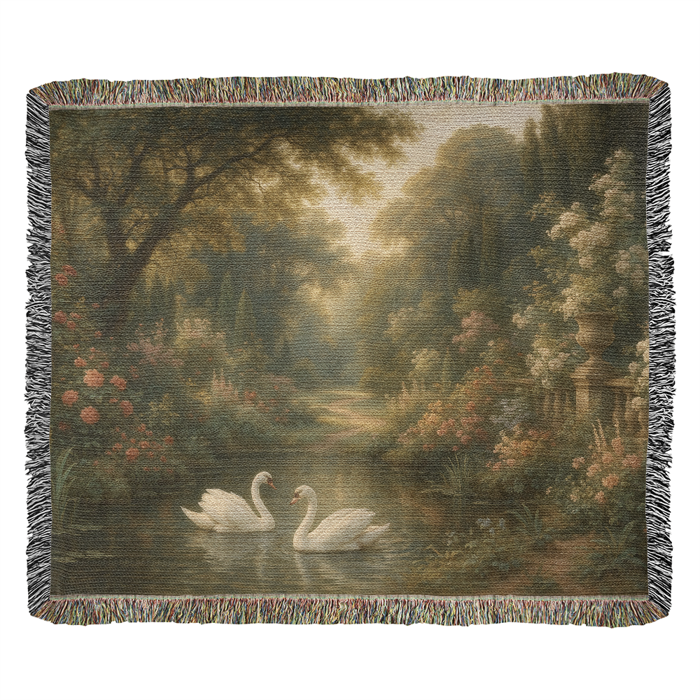 Woven Cotton Blanket – Magical Swans in Pond with Flower-Covered Shores