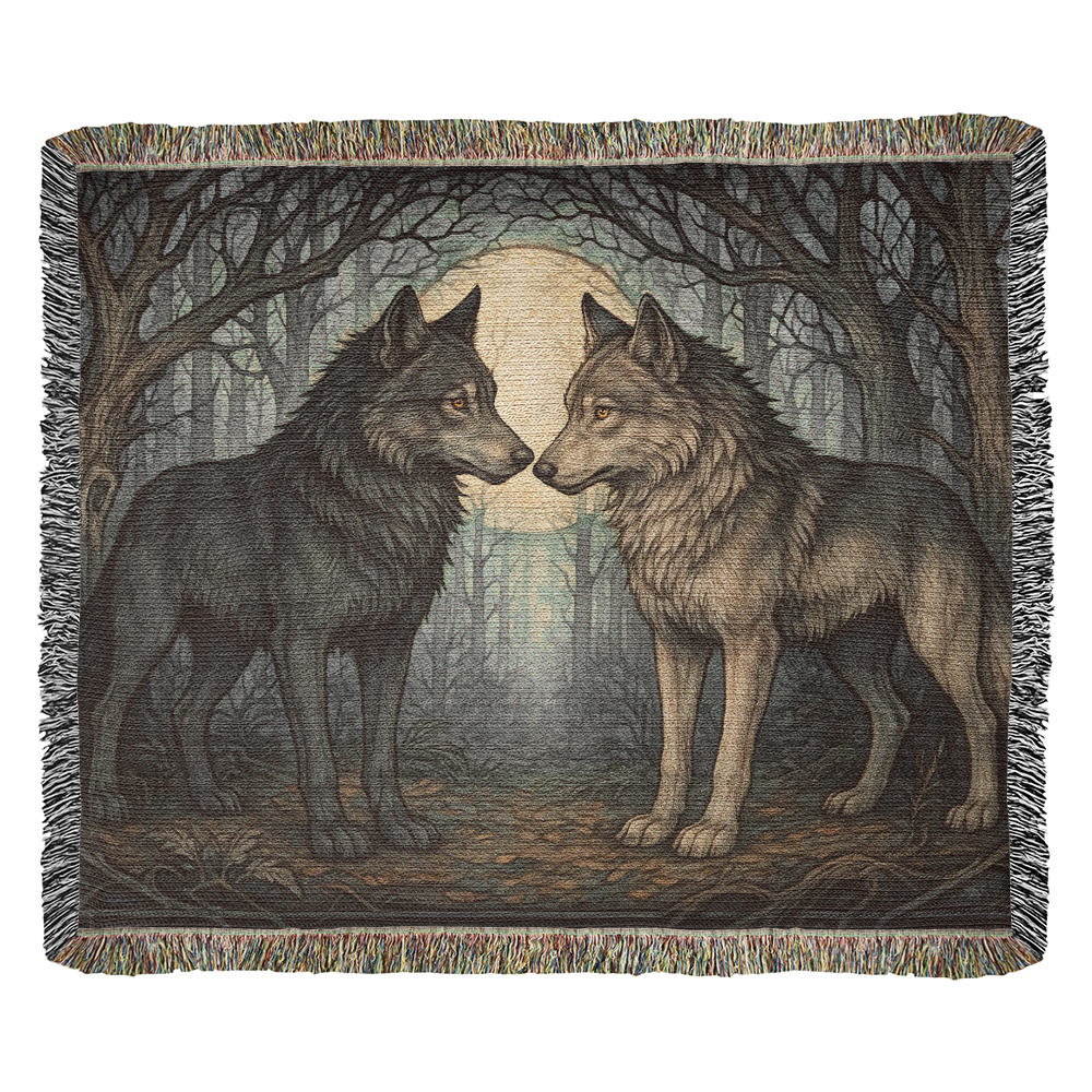 100% Cotton Woven Blanket – Enchanted Forest Scene with Two Wolves Eye to Eye beneath Full Moon