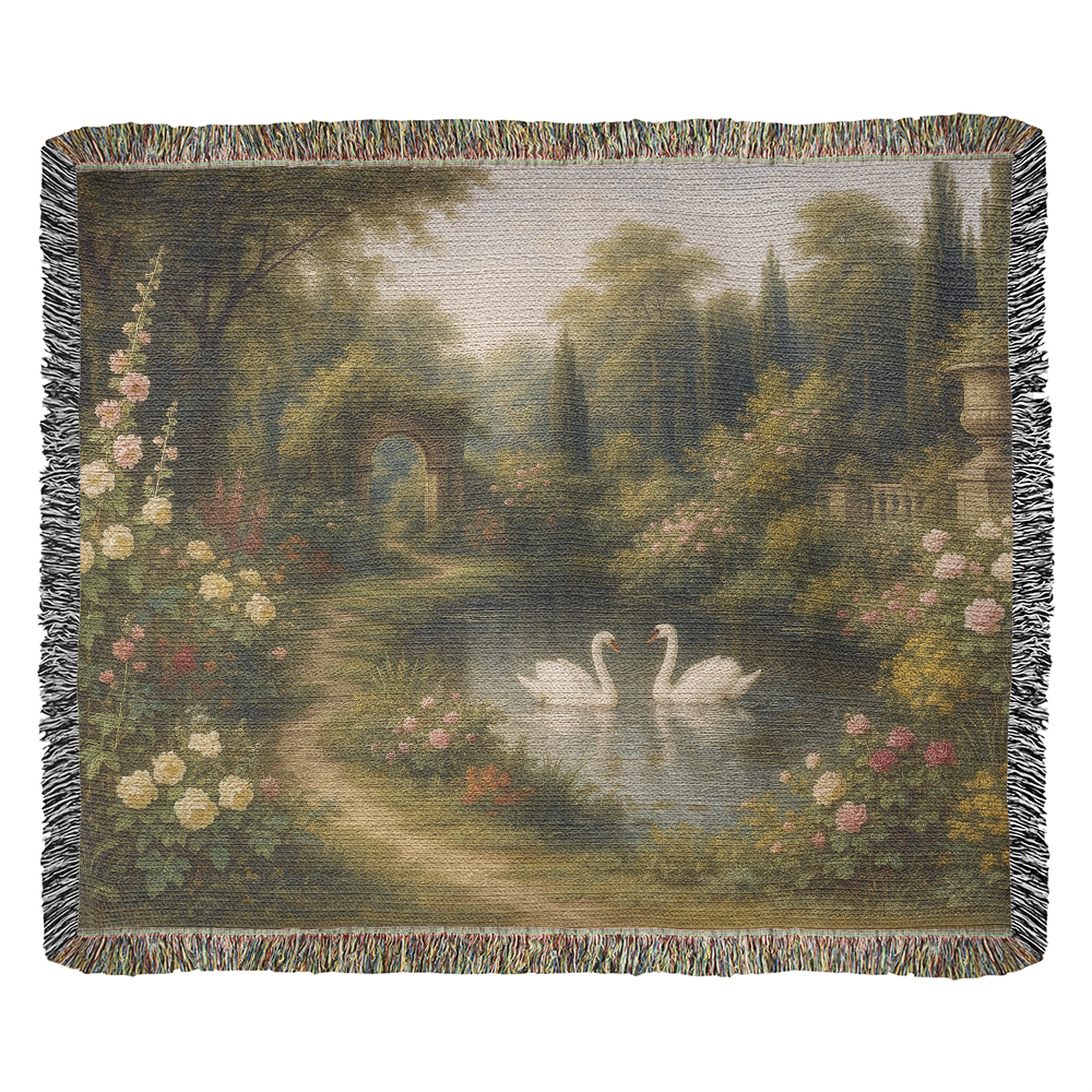 100% Cotton Woven Blanket – Romantic Swans in Blooming Pond Surrounded by Flowers