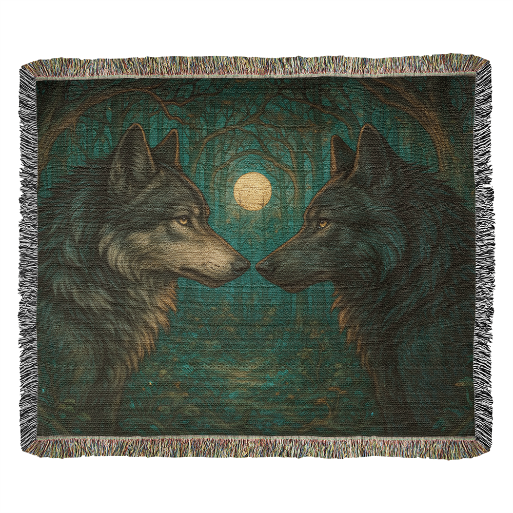 Woven Cotton Blanket – Majestic Wolves Staring at Each Other under Moon in Enchanted Forest
