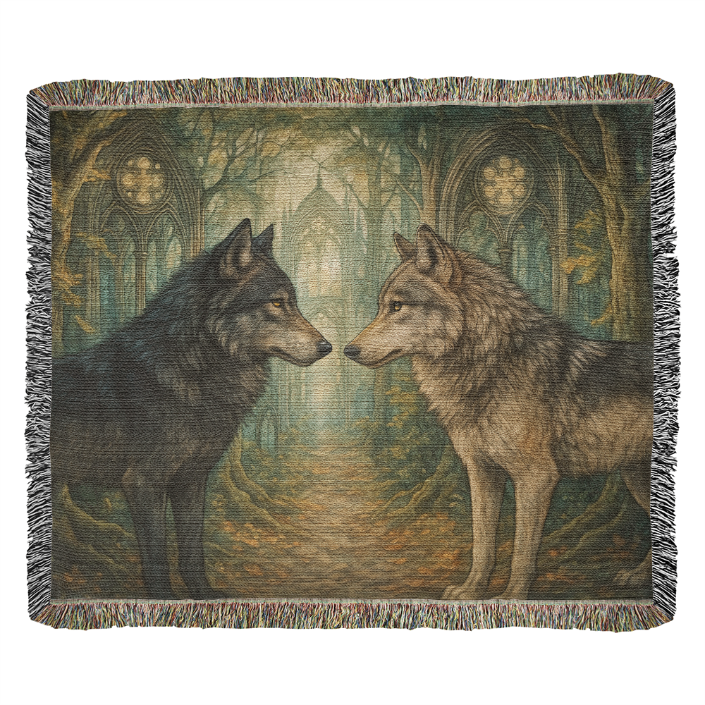 100% Cotton Woven Blanket – Enchanted Forest Scene with Two Wolves Staring Face to Face