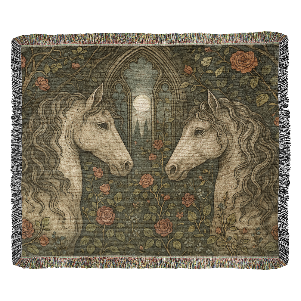 100% Cotton Woven Blanket – Enchanted Forest Scene with Two Horses Eye to Eye