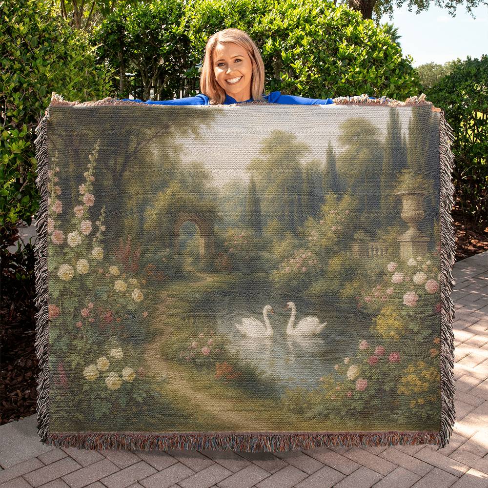 100% Cotton Woven Blanket – Romantic Swans in Blooming Pond Surrounded by Flowers