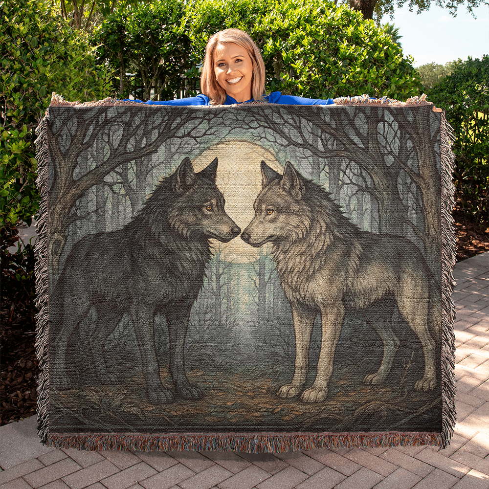 100% Cotton Woven Blanket – Enchanted Forest Scene with Two Wolves Eye to Eye beneath Full Moon
