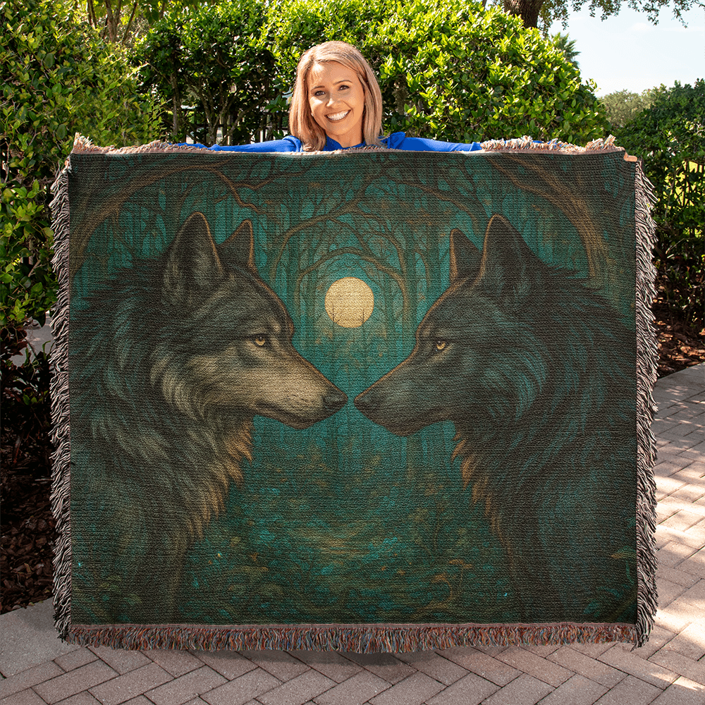 Woven Cotton Blanket – Majestic Wolves Staring at Each Other under Moon in Enchanted Forest