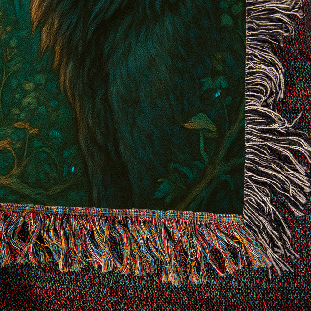 Woven Cotton Blanket – Majestic Wolves Staring at Each Other under Moon in Enchanted Forest