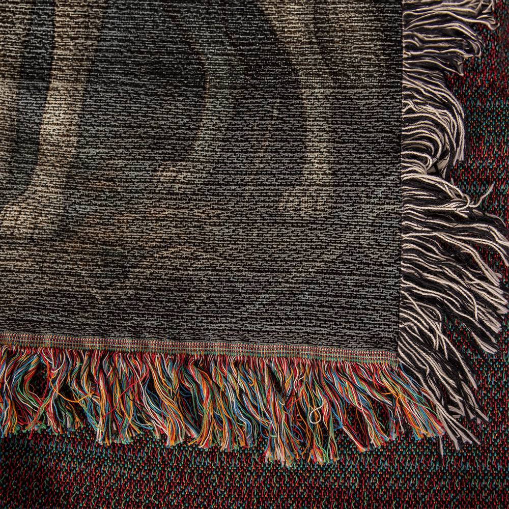 100% Cotton Woven Blanket – Enchanted Forest Scene with Two Wolves Eye to Eye beneath Full Moon