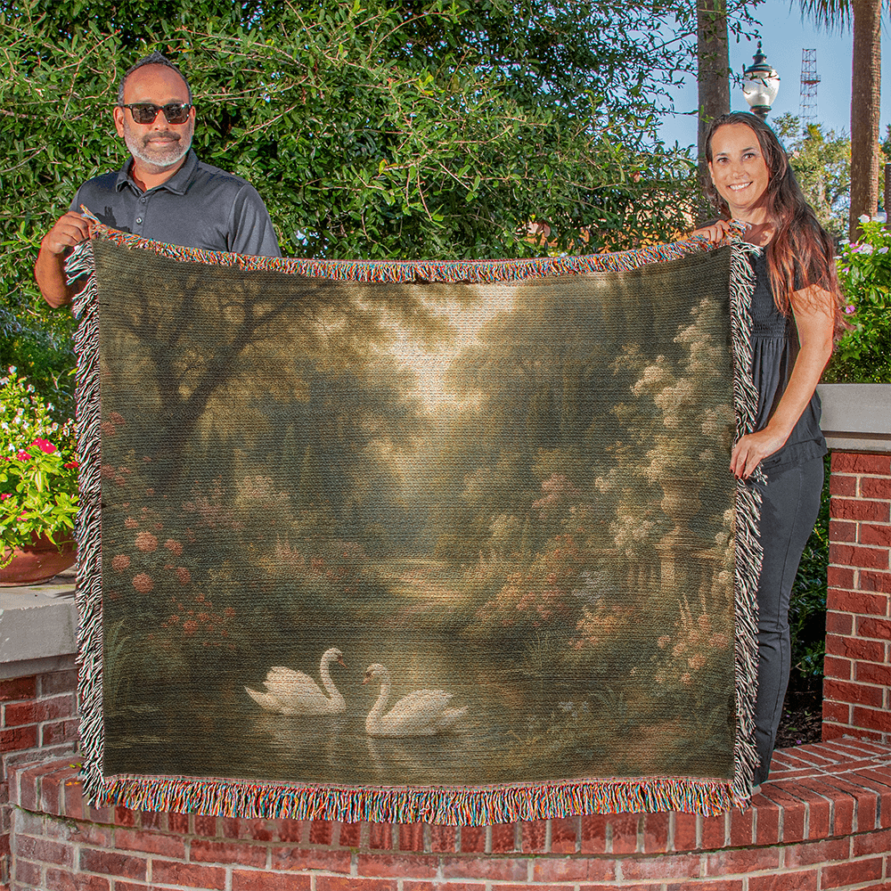 Woven Cotton Blanket – Magical Swans in Pond with Flower-Covered Shores