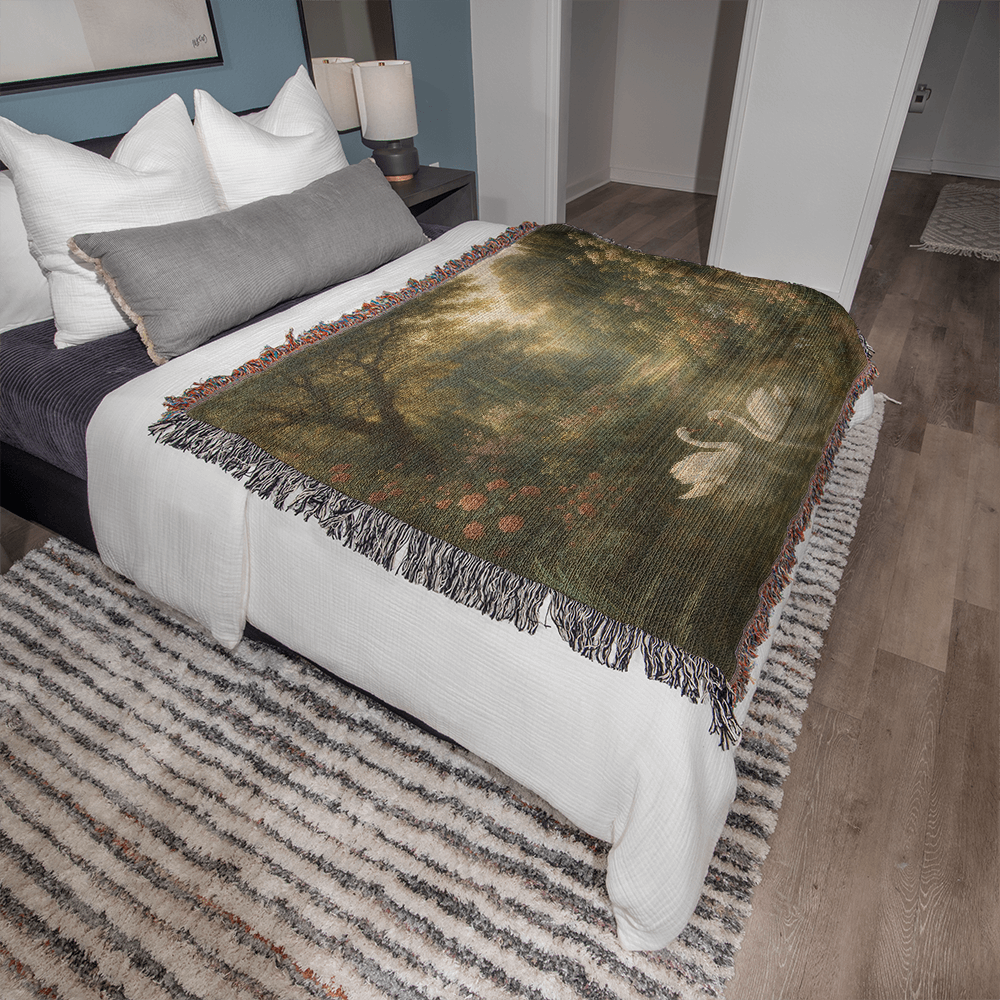 Woven Cotton Blanket – Magical Swans in Pond with Flower-Covered Shores