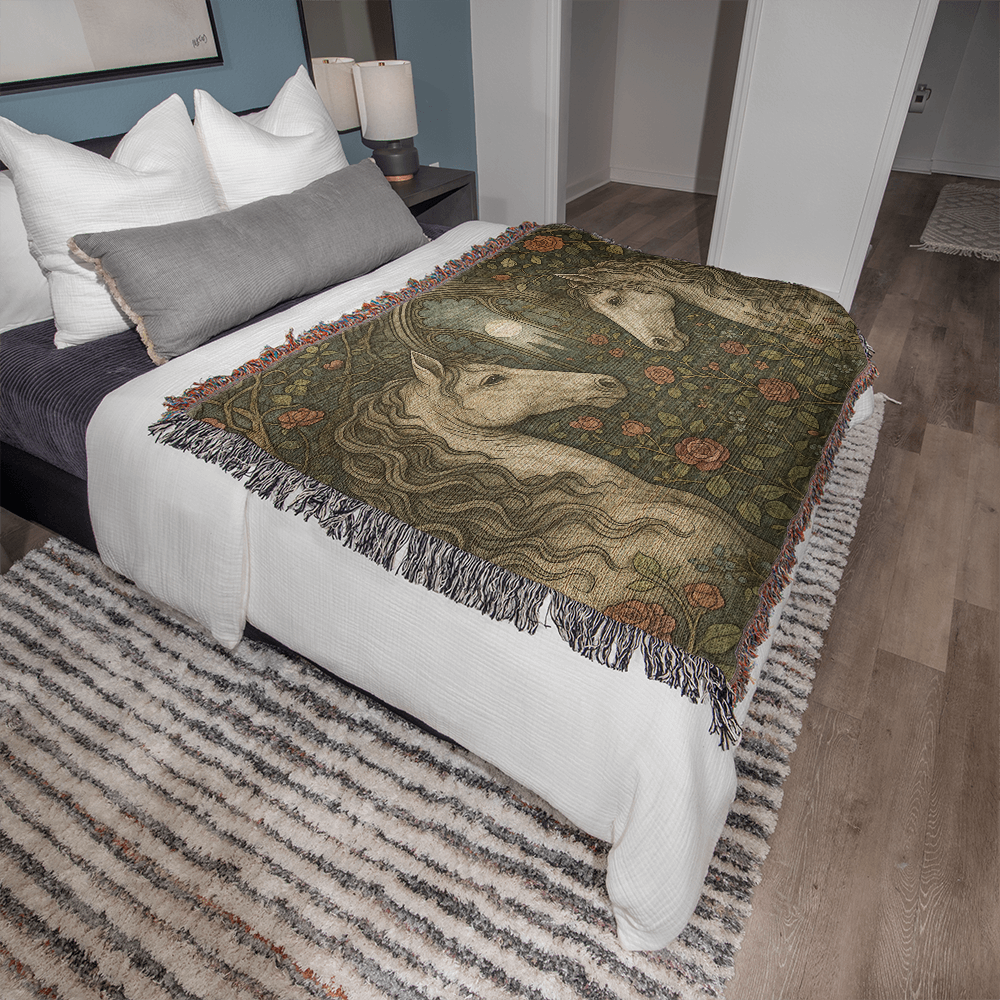 100% Cotton Woven Blanket – Enchanted Forest Scene with Two Horses Eye to Eye