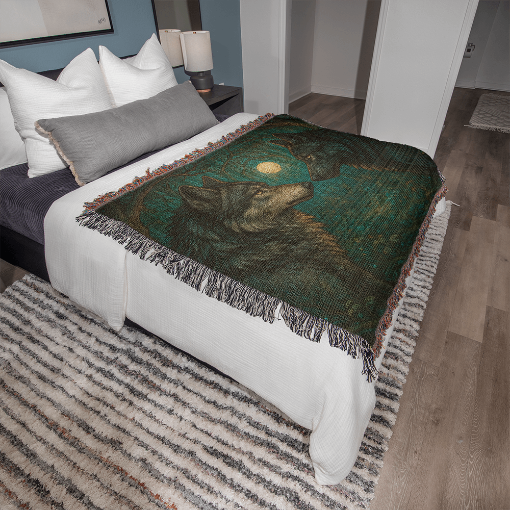 Woven Cotton Blanket – Majestic Wolves Staring at Each Other under Moon in Enchanted Forest