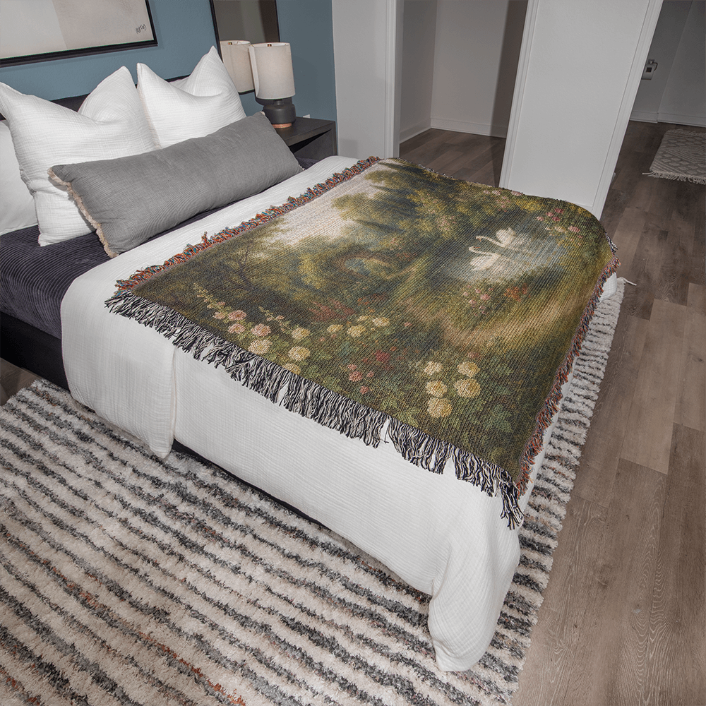 100% Cotton Woven Blanket – Romantic Swans in Blooming Pond Surrounded by Flowers
