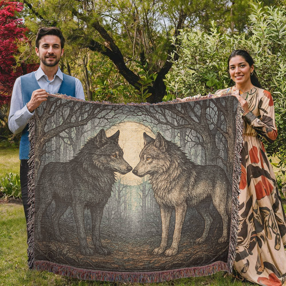 100% Cotton Woven Blanket – Enchanted Forest Scene with Two Wolves Eye to Eye beneath Full Moon