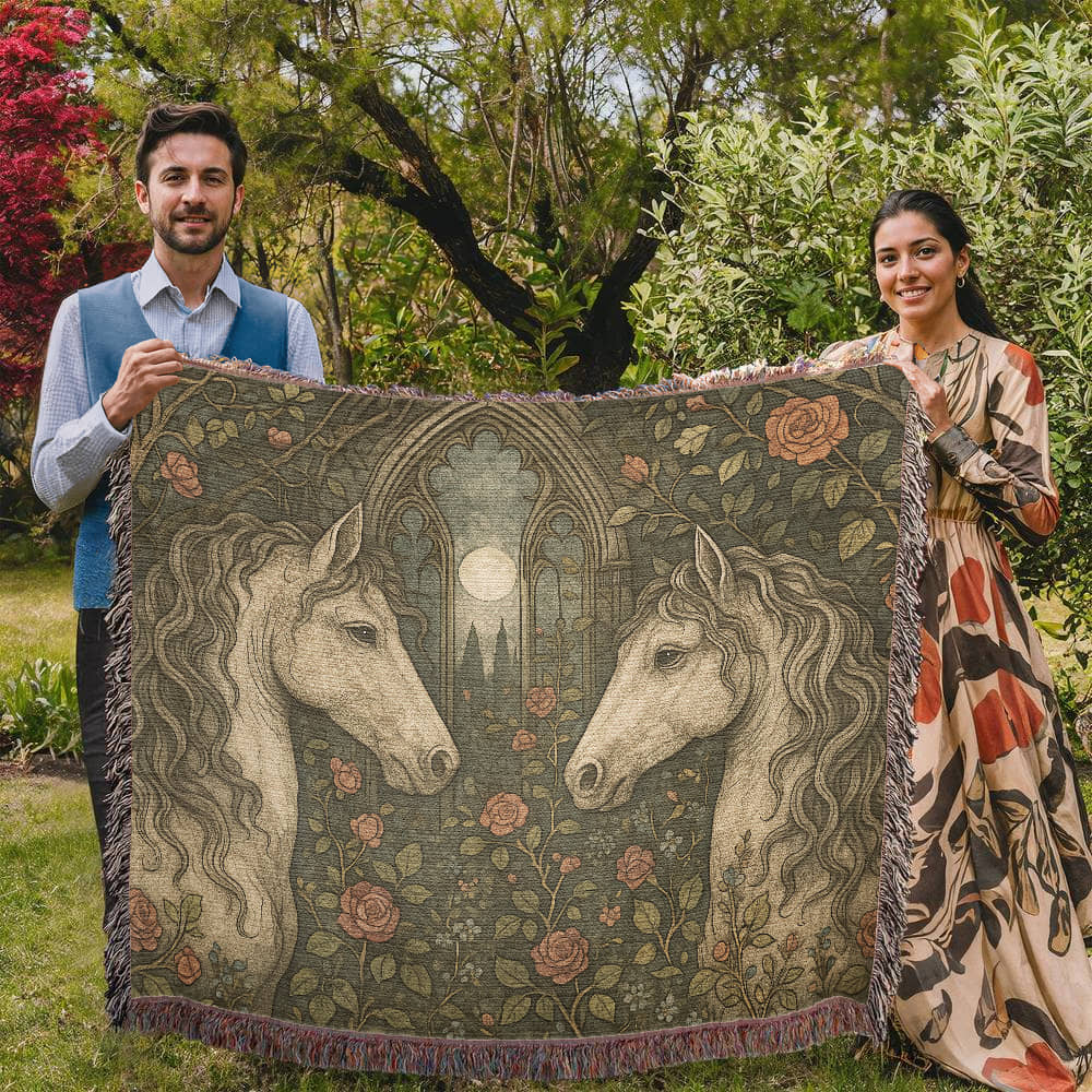 100% Cotton Woven Blanket – Enchanted Forest Scene with Two Horses Eye to Eye