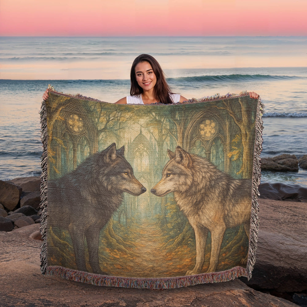 100% Cotton Woven Blanket – Enchanted Forest Scene with Two Wolves Staring Face to Face
