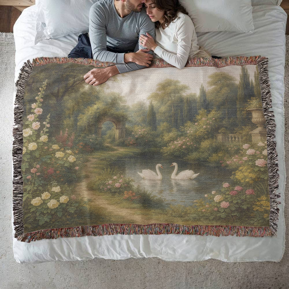 100% Cotton Woven Blanket – Romantic Swans in Blooming Pond Surrounded by Flowers