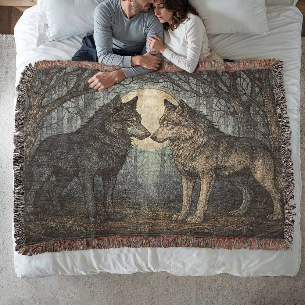 100% Cotton Woven Blanket – Enchanted Forest Scene with Two Wolves Eye to Eye beneath Full Moon