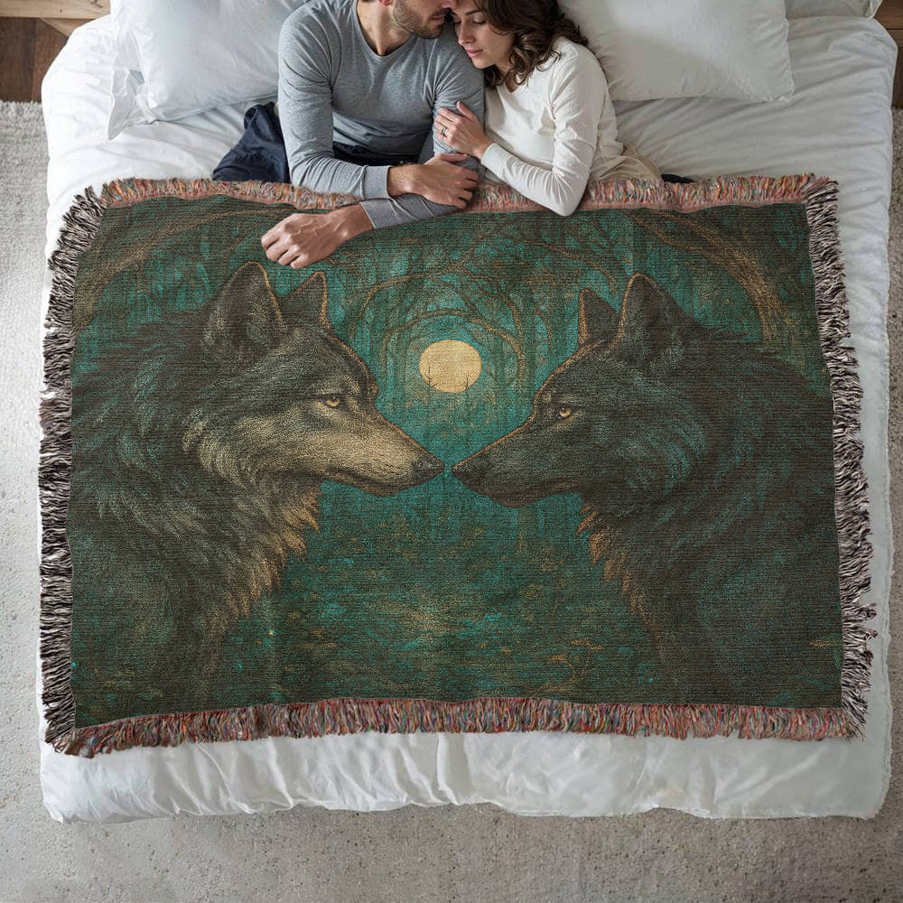 Woven Cotton Blanket – Majestic Wolves Staring at Each Other under Moon in Enchanted Forest