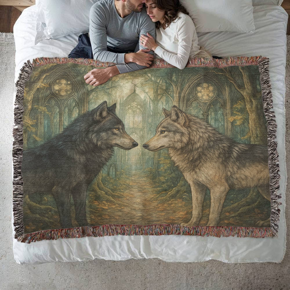 100% Cotton Woven Blanket – Enchanted Forest Scene with Two Wolves Staring Face to Face