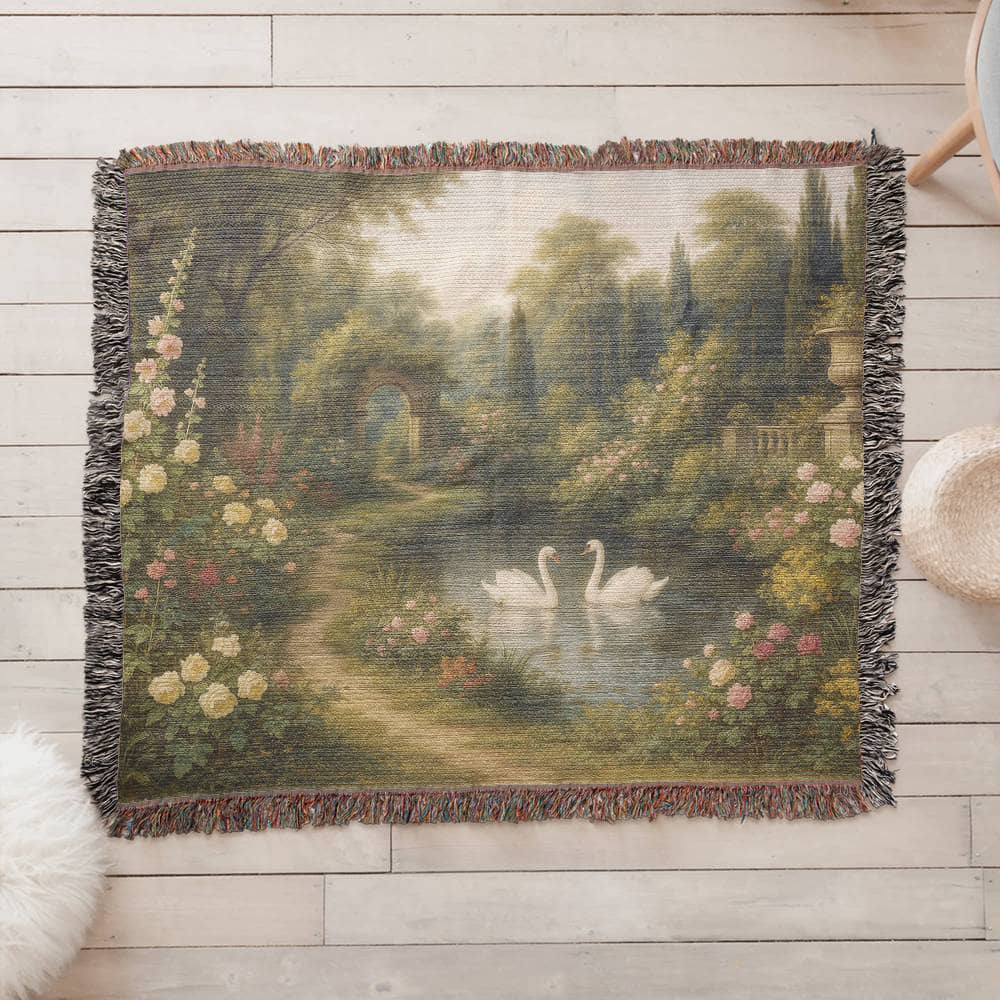 100% Cotton Woven Blanket – Romantic Swans in Blooming Pond Surrounded by Flowers
