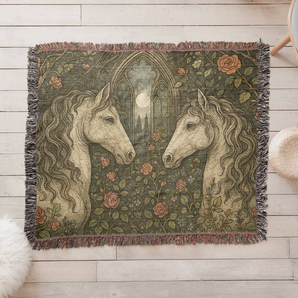 100% Cotton Woven Blanket – Enchanted Forest Scene with Two Horses Eye to Eye