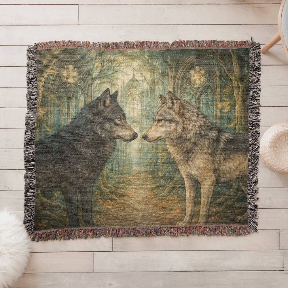 100% Cotton Woven Blanket – Enchanted Forest Scene with Two Wolves Staring Face to Face