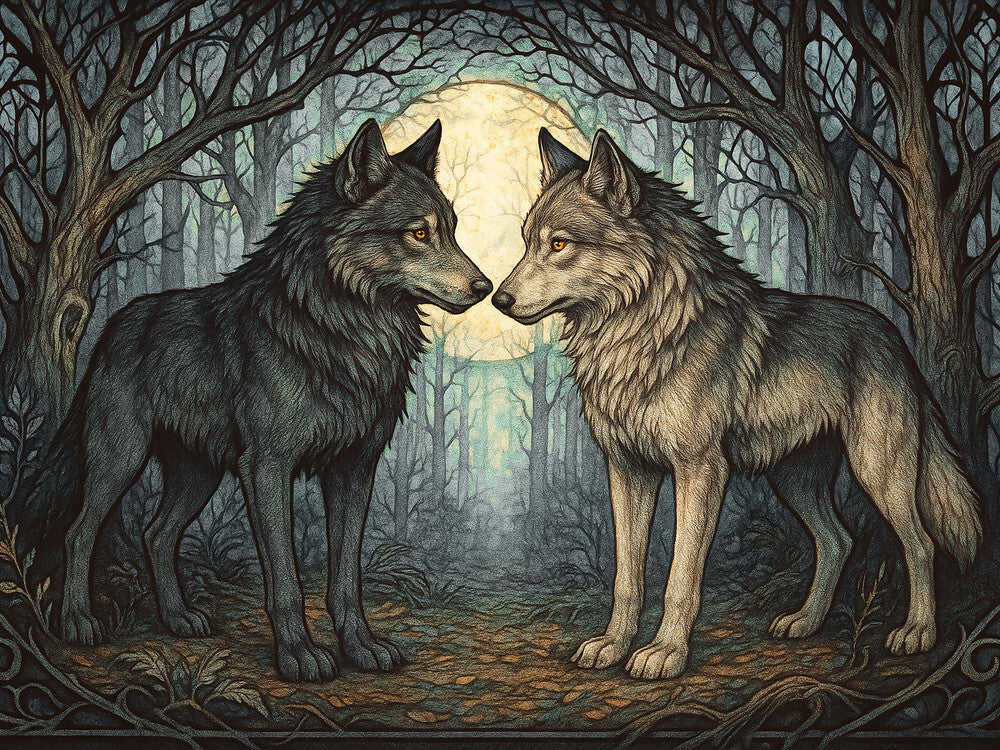 100% Cotton Woven Blanket – Enchanted Forest Scene with Two Wolves Eye to Eye beneath Full Moon
