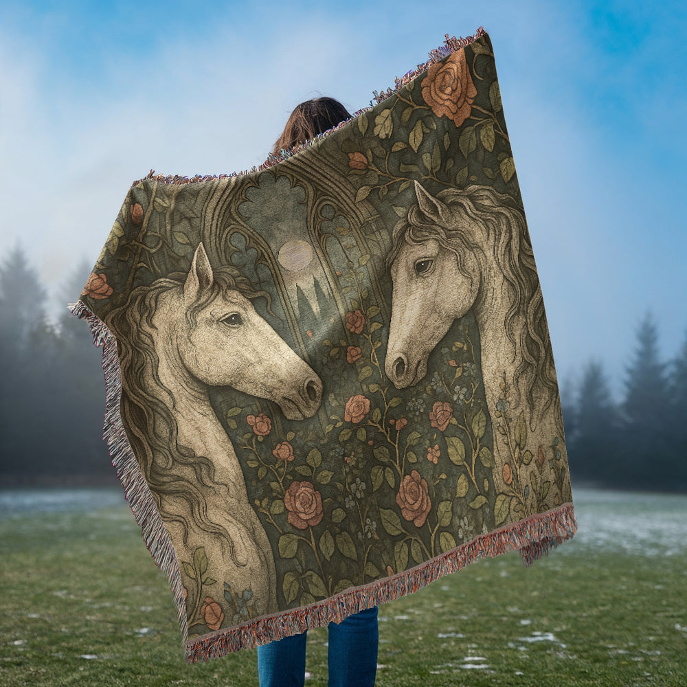 100% Cotton Woven Blanket – Enchanted Forest Scene with Two Horses Eye to Eye