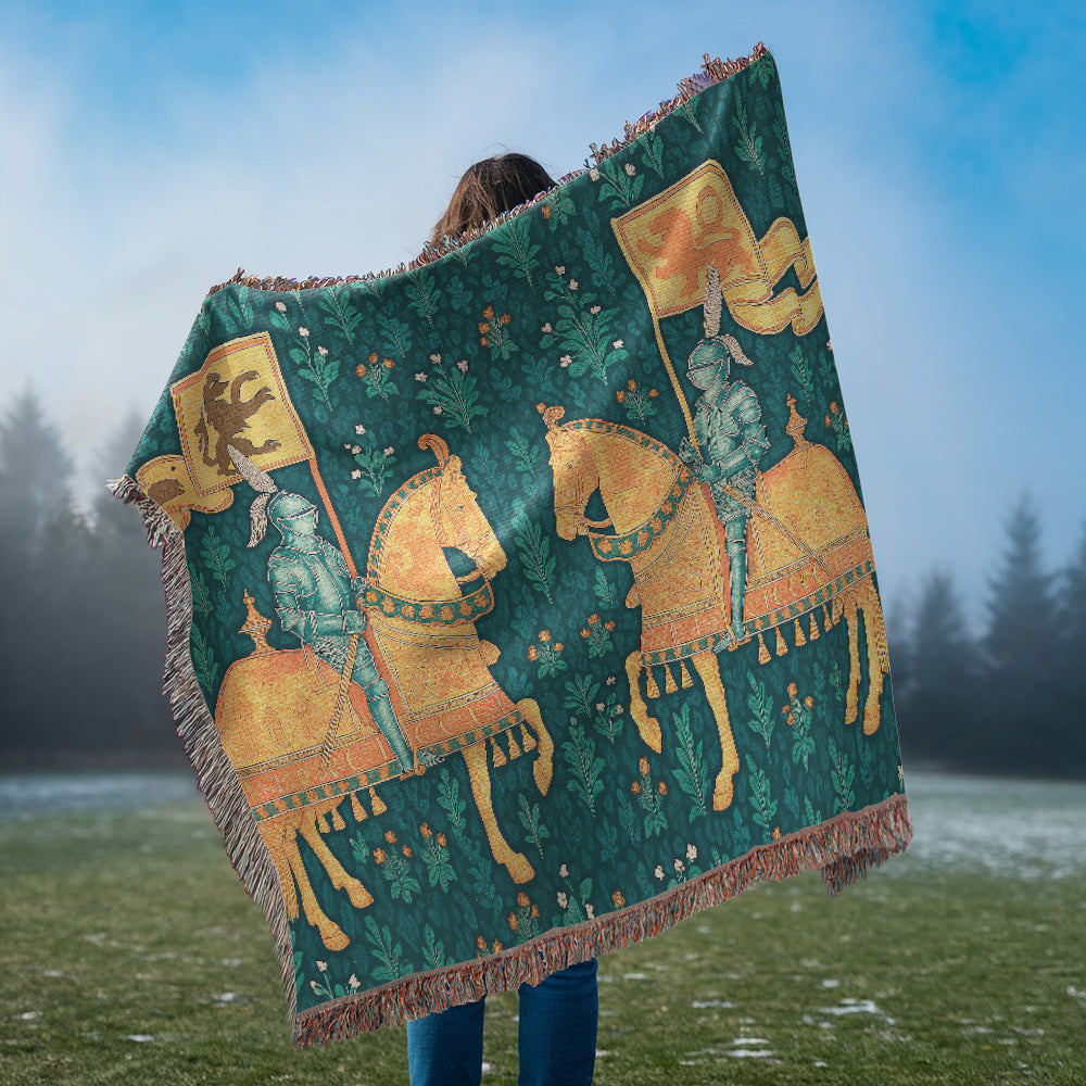 Premium 100% Cotton Woven Blanket – Two Knights on Horseback Displaying Flags