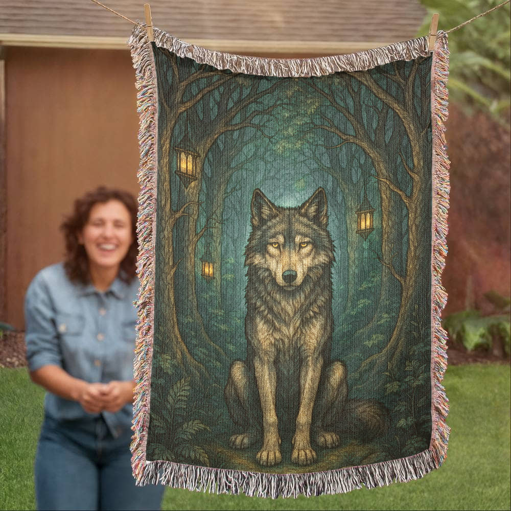 Woven Cotton Blanket – Serene Wolf in Forest under Lantern-Illuminated Trees