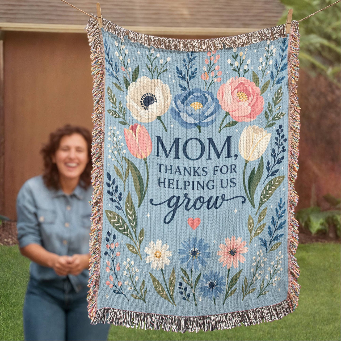 100% Cotton Woven Blanket – Mom Thanks for Helping Us Grow, Blue Floral Mother's Day Throw Gift