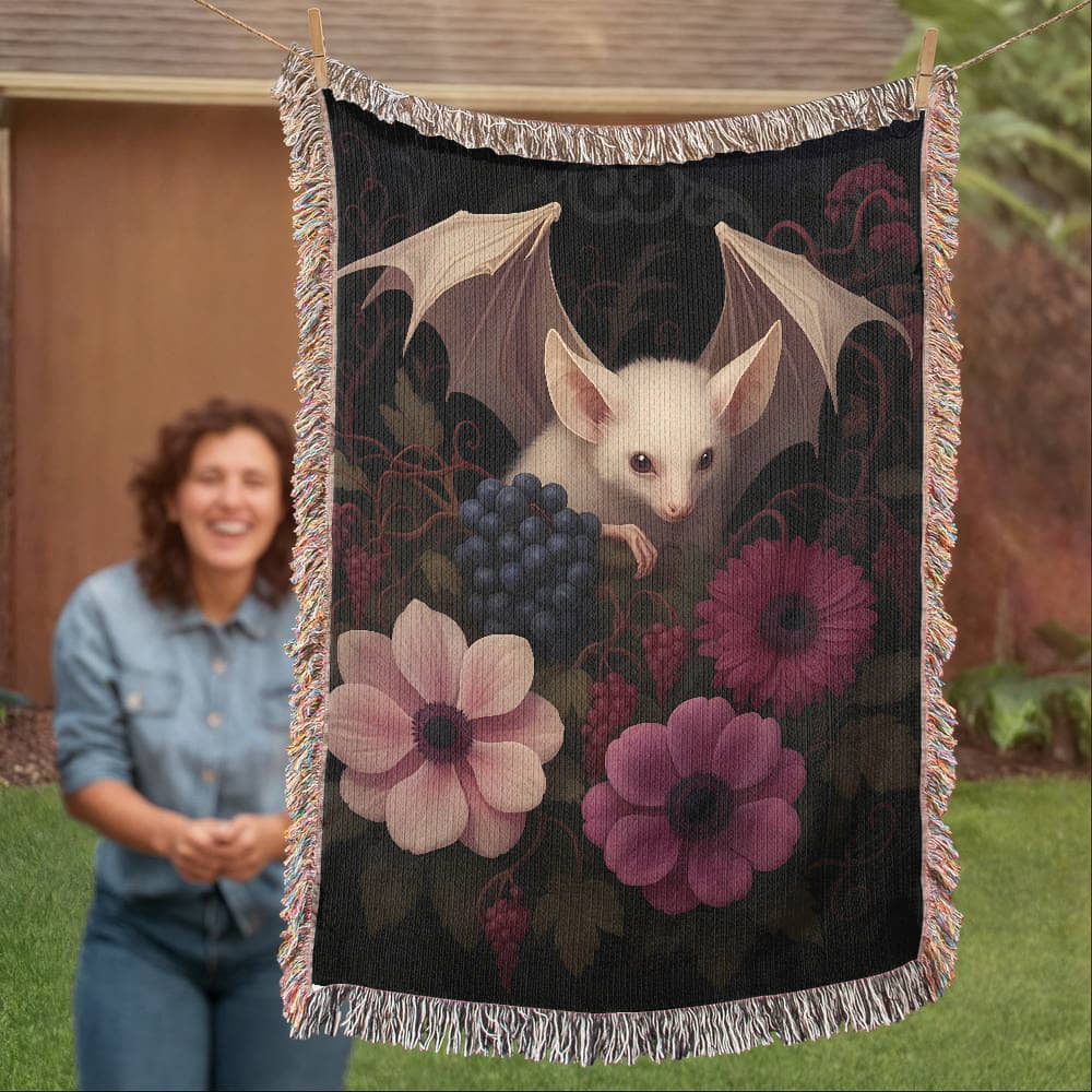 100% Cotton Woven Blanket – Bat Resting in Blooming Flowers